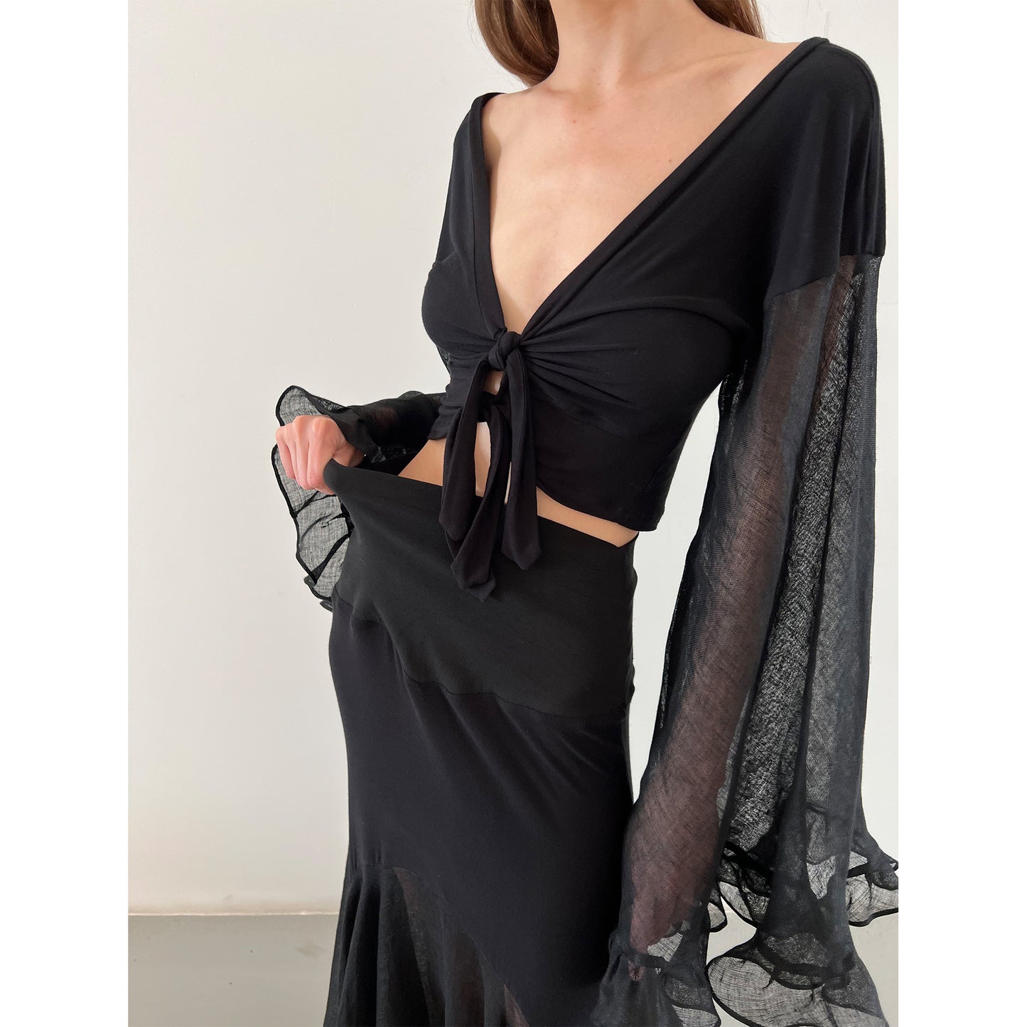 Black Pure Linen And Modal Jersey Skirt