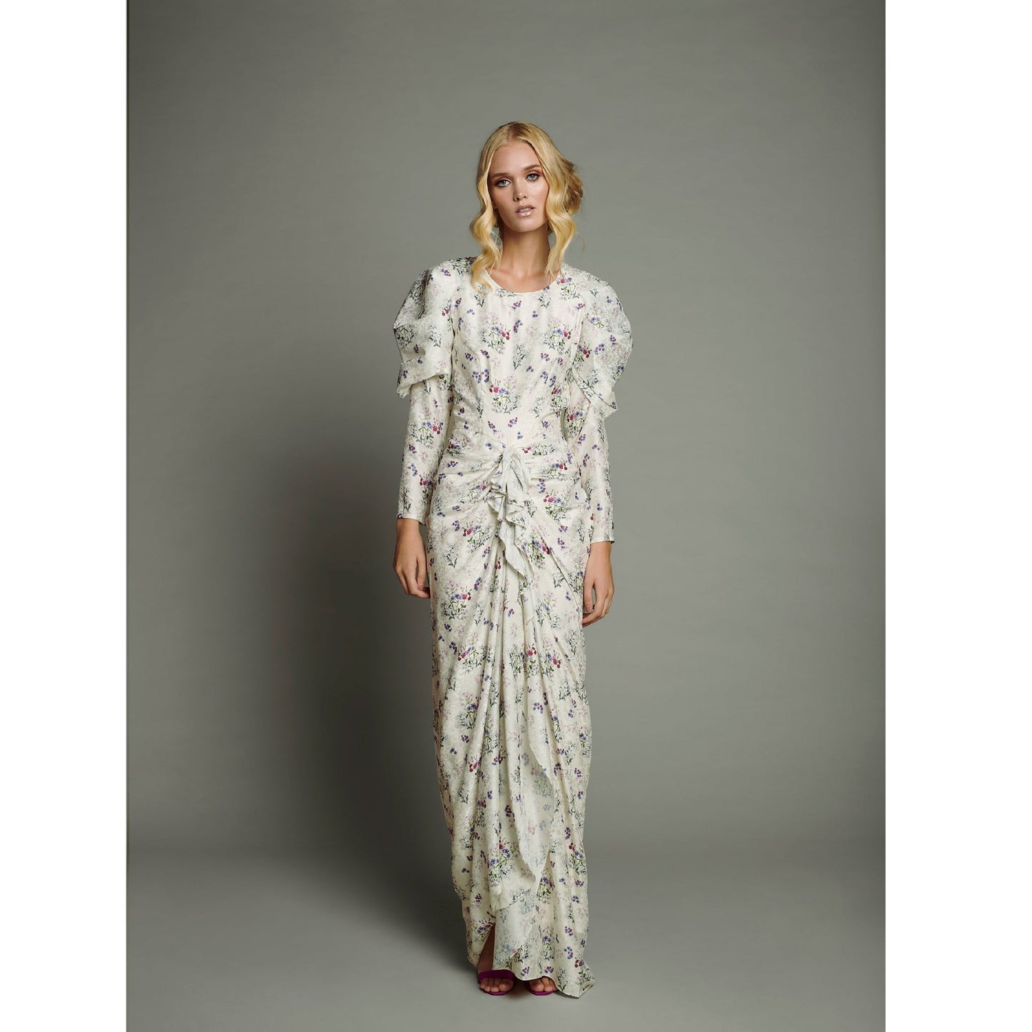 White Jacquard Front Draped and Long Bubble Sleeve Printed Dress