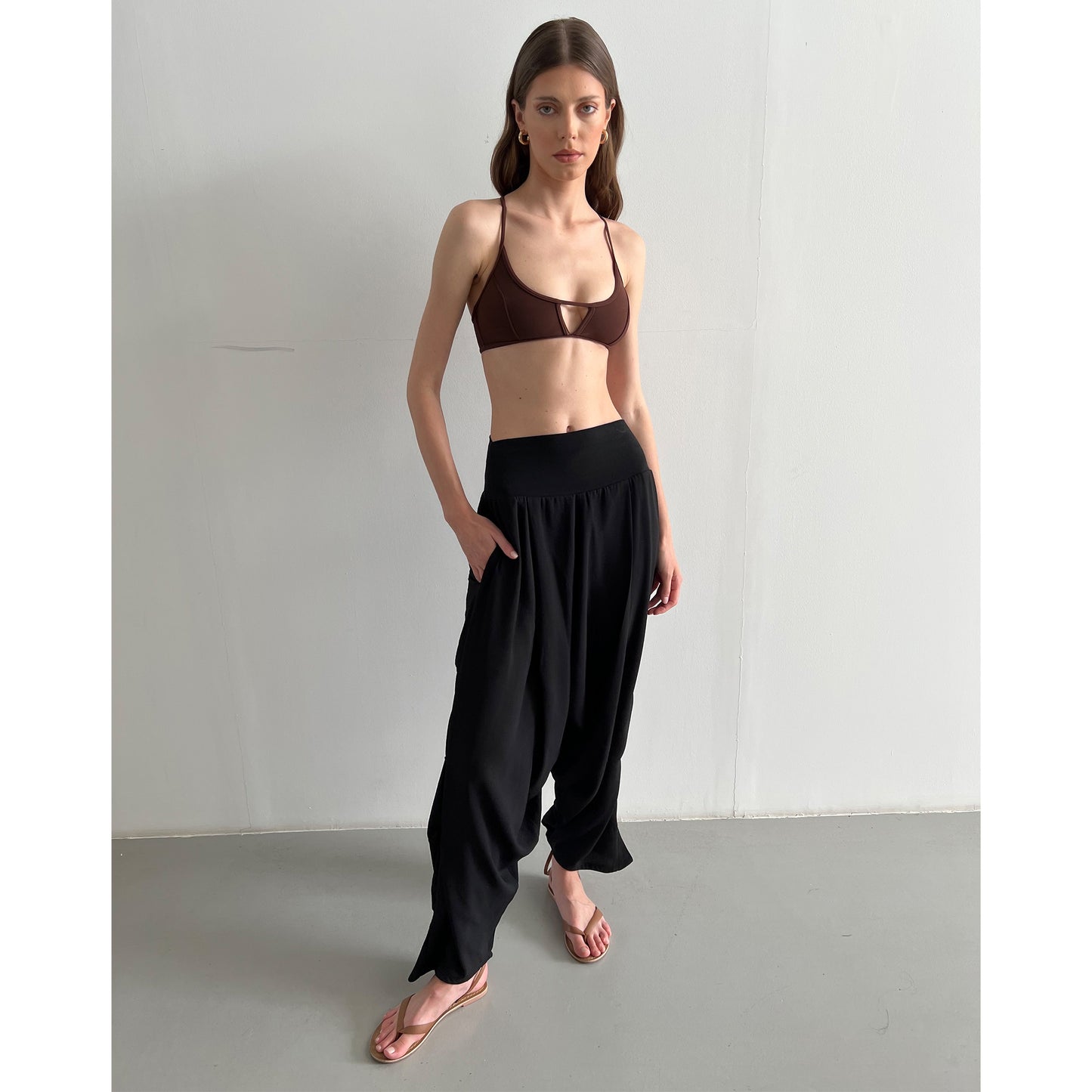 Black Crepe Sculpting Waistband, Side Draped Pant