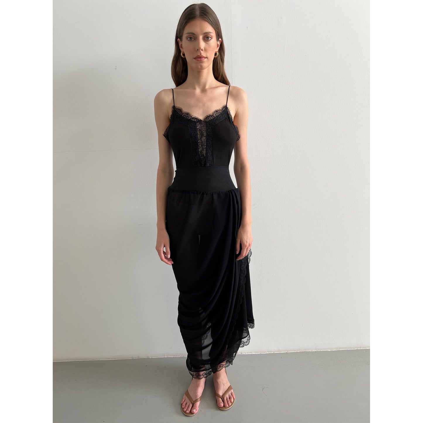 Black Soft Chiffon Sheer Draped Pant, With Inner Leg Drape And Sculpting Waistband