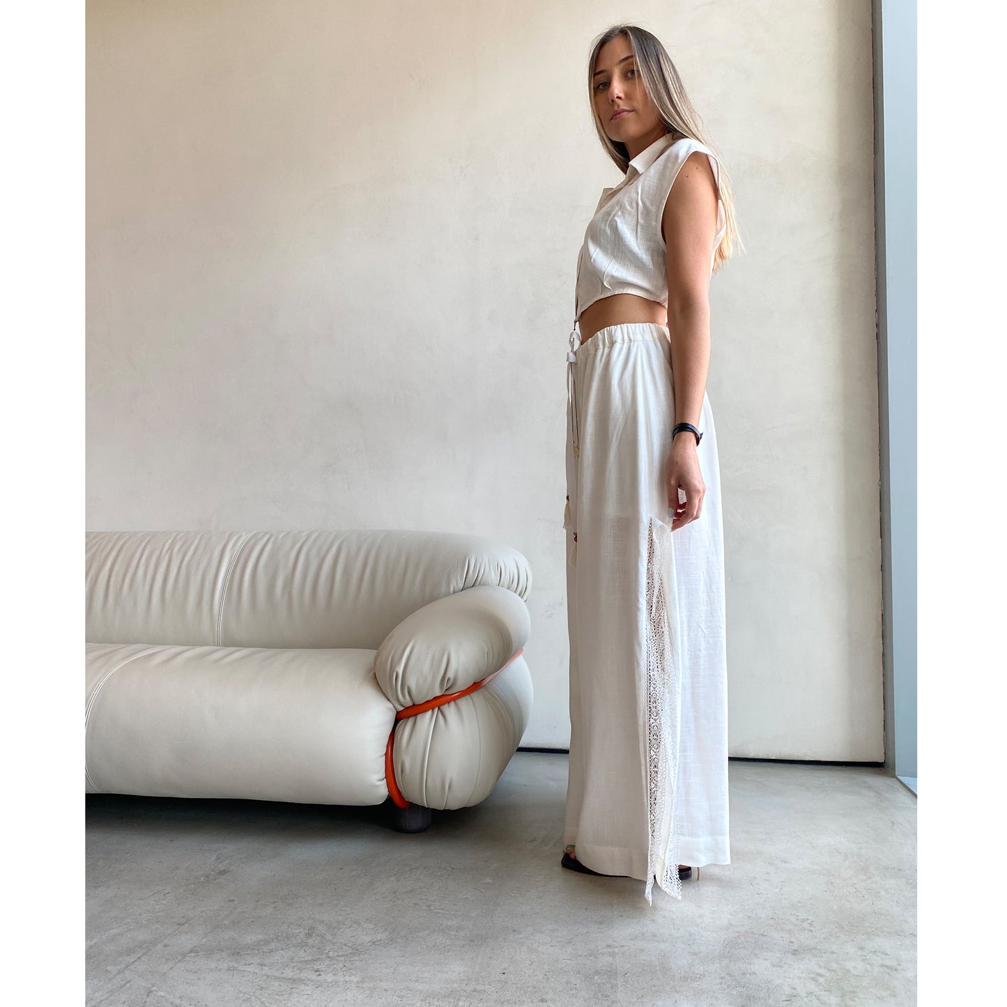 Off White Linen Pant with Side Seam Lace