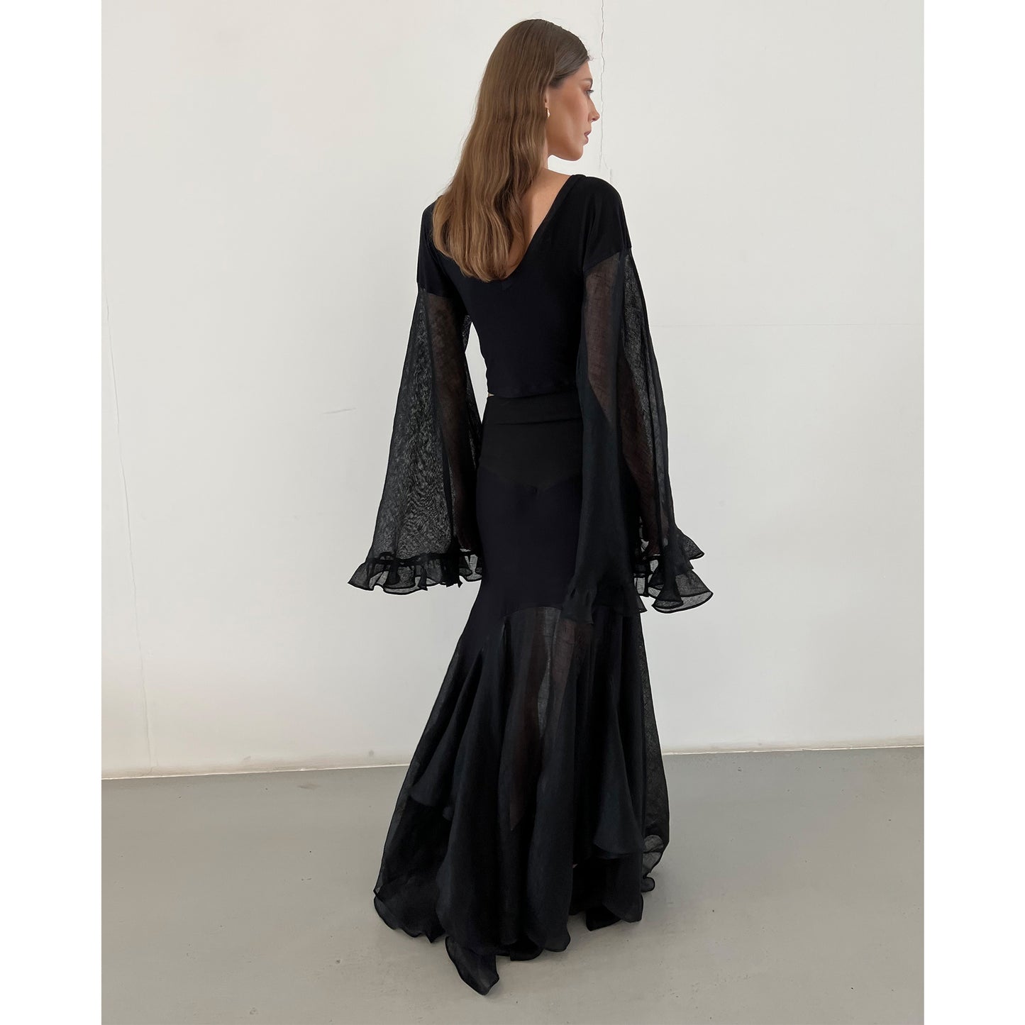 Black Linen and Modal Jersey Flute Sleeve Top