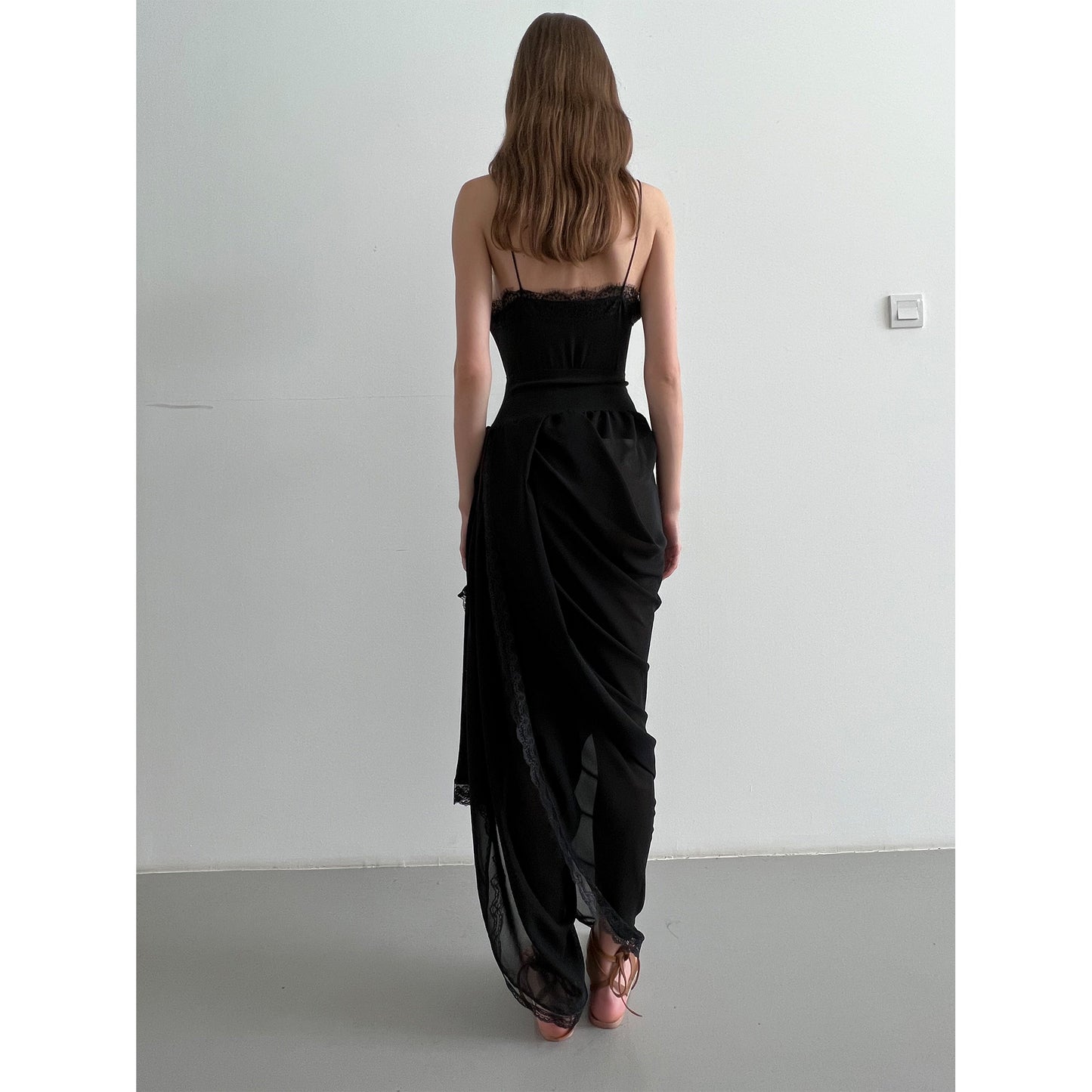 Black Soft Chiffon Sheer Draped Pant, With Inner Leg Drape And Sculpting Waistband