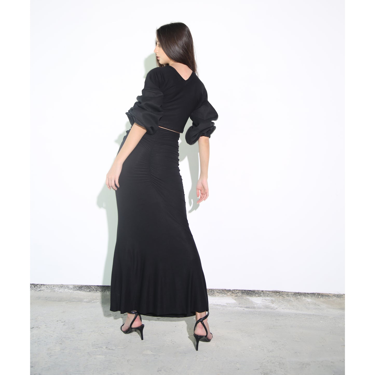 Black Modal Soft Jersey Skirt with Ruched and Tassel Detail
