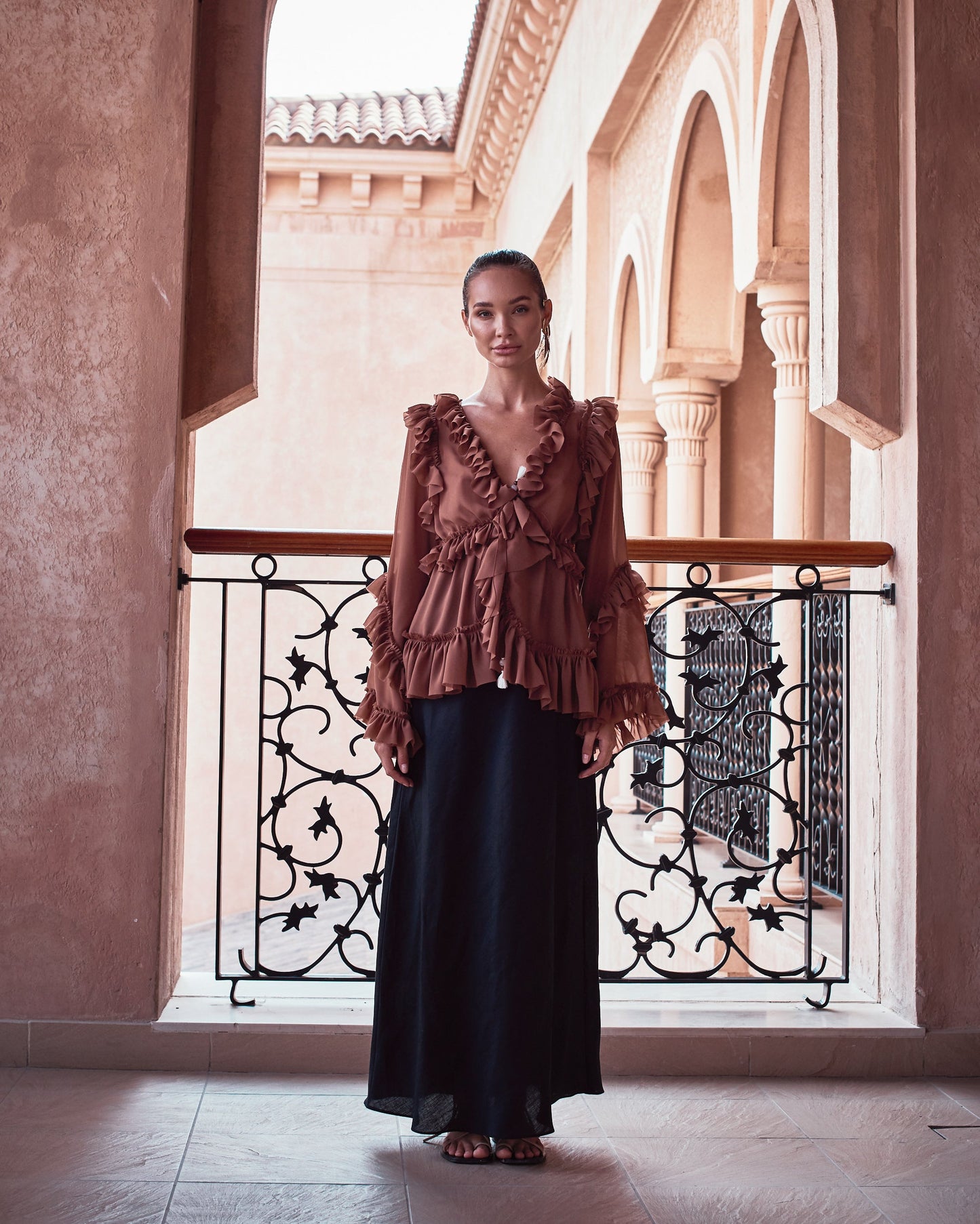 Mocha Chiffon Ruffled Top