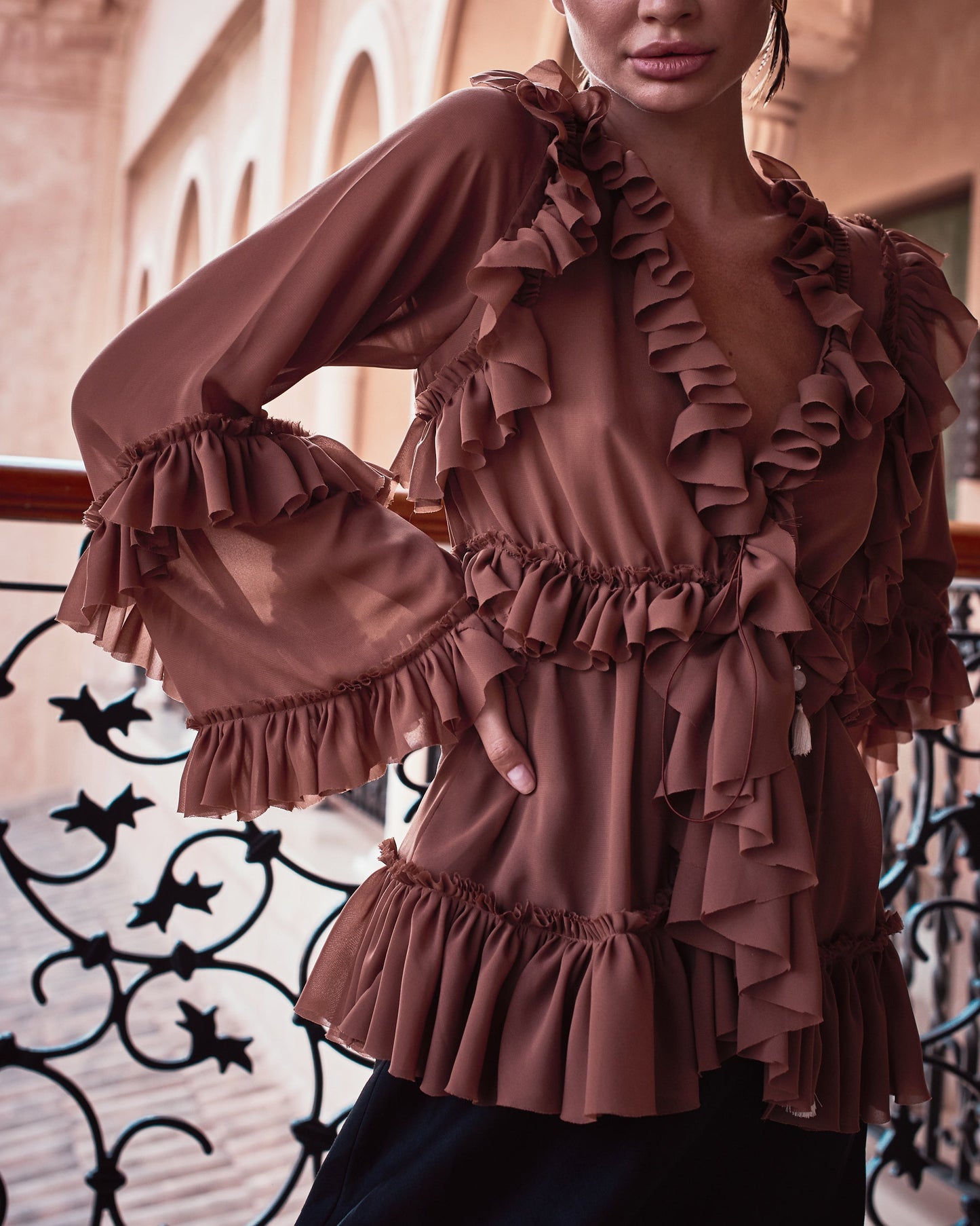 Mocha Chiffon Ruffled Top