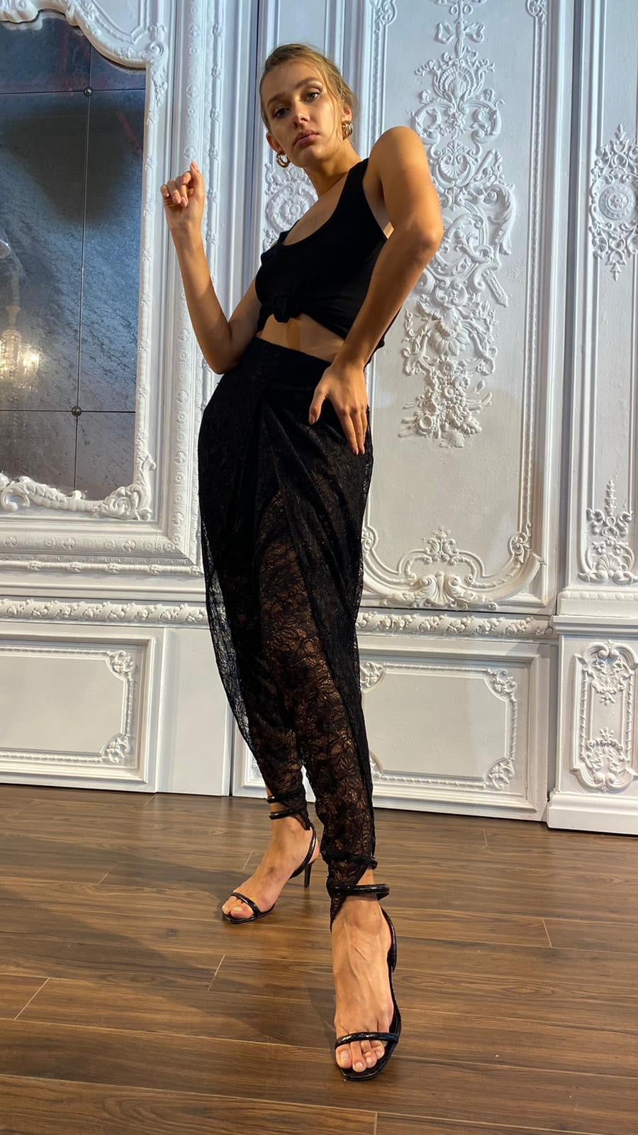 Black Lace Draped Pants