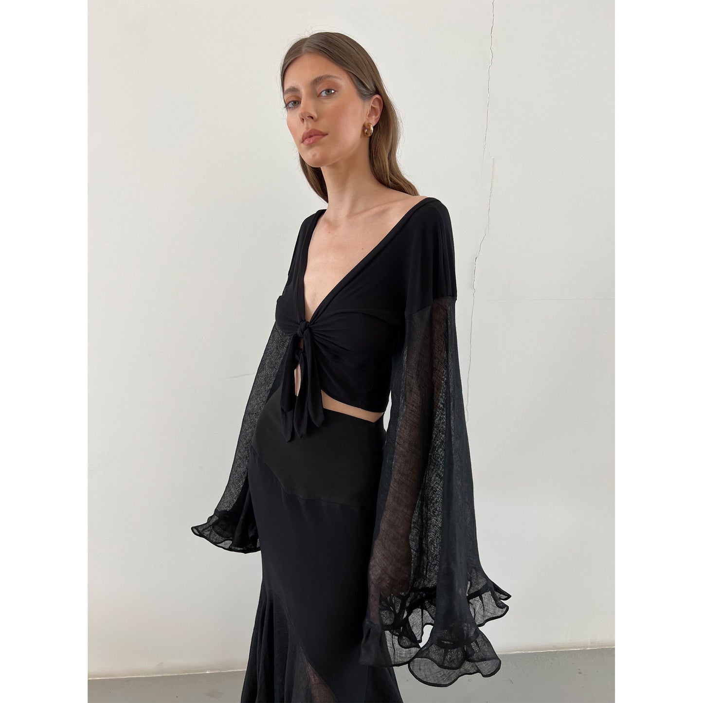 Black Pure Linen And Modal Jersey  Skirt