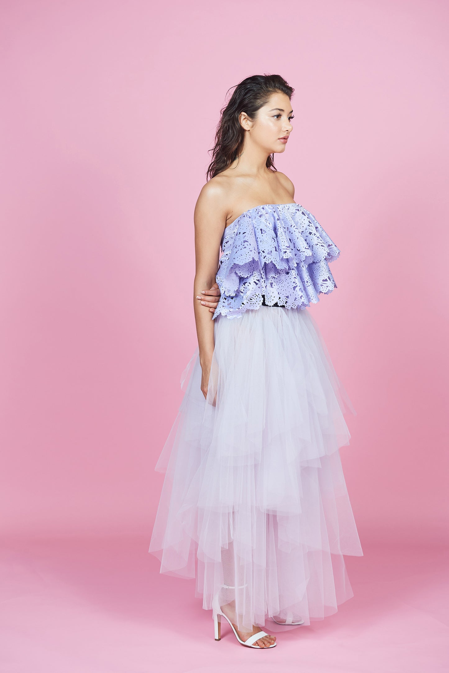 Lilac Laser Cut Out Top & Lilac Tulle Ruffled Skirt