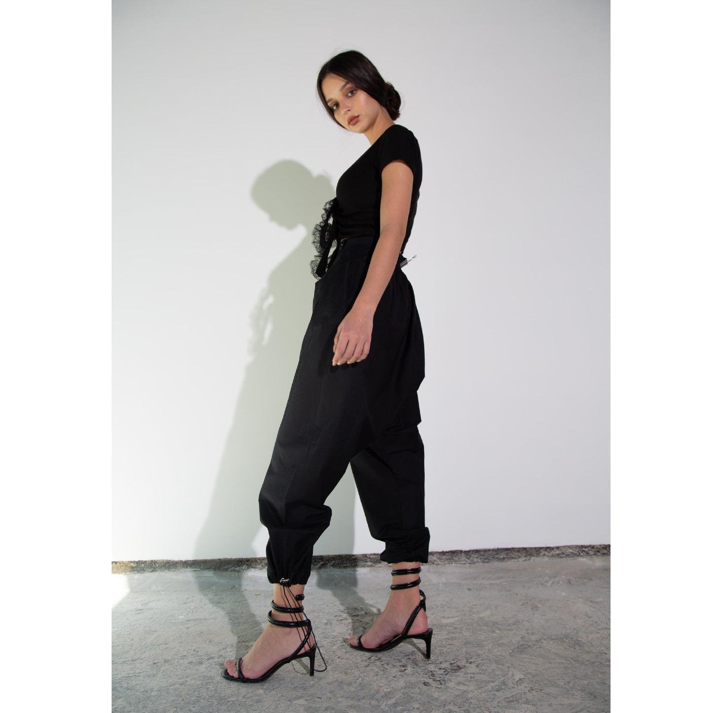 Black Modal Soft Jersey Double Knot with Lace Tee