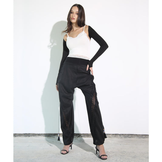 Black Linen Pants with Lace Detail