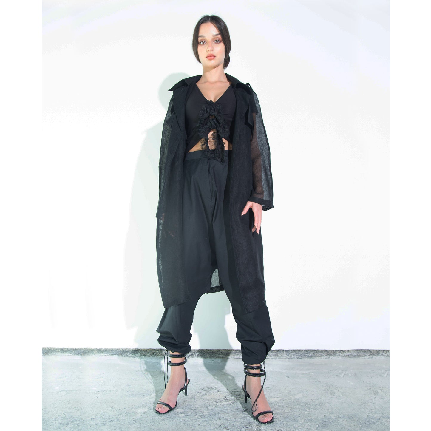 Black Net Linen Trench Coat