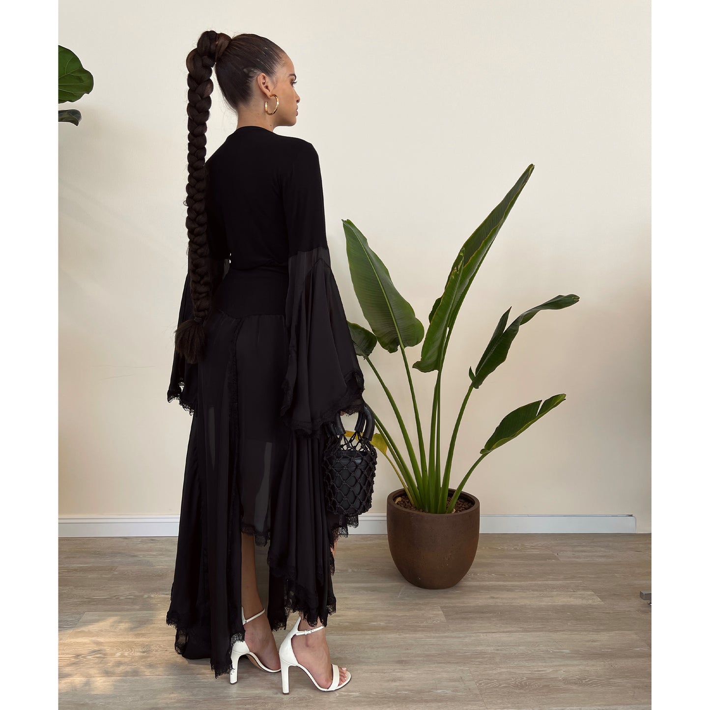 Black Modal Jersey Chiffon Flute Sleeves  with Lace