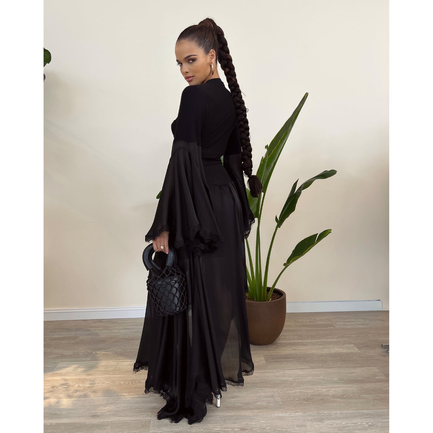 Black Modal Jersey Chiffon with Lace  Skirt