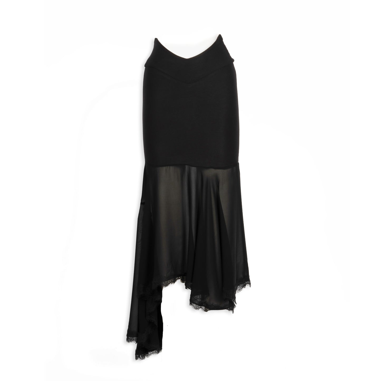 Black Modal V Band Skirt with Sheer Asymmetric Lace Hem