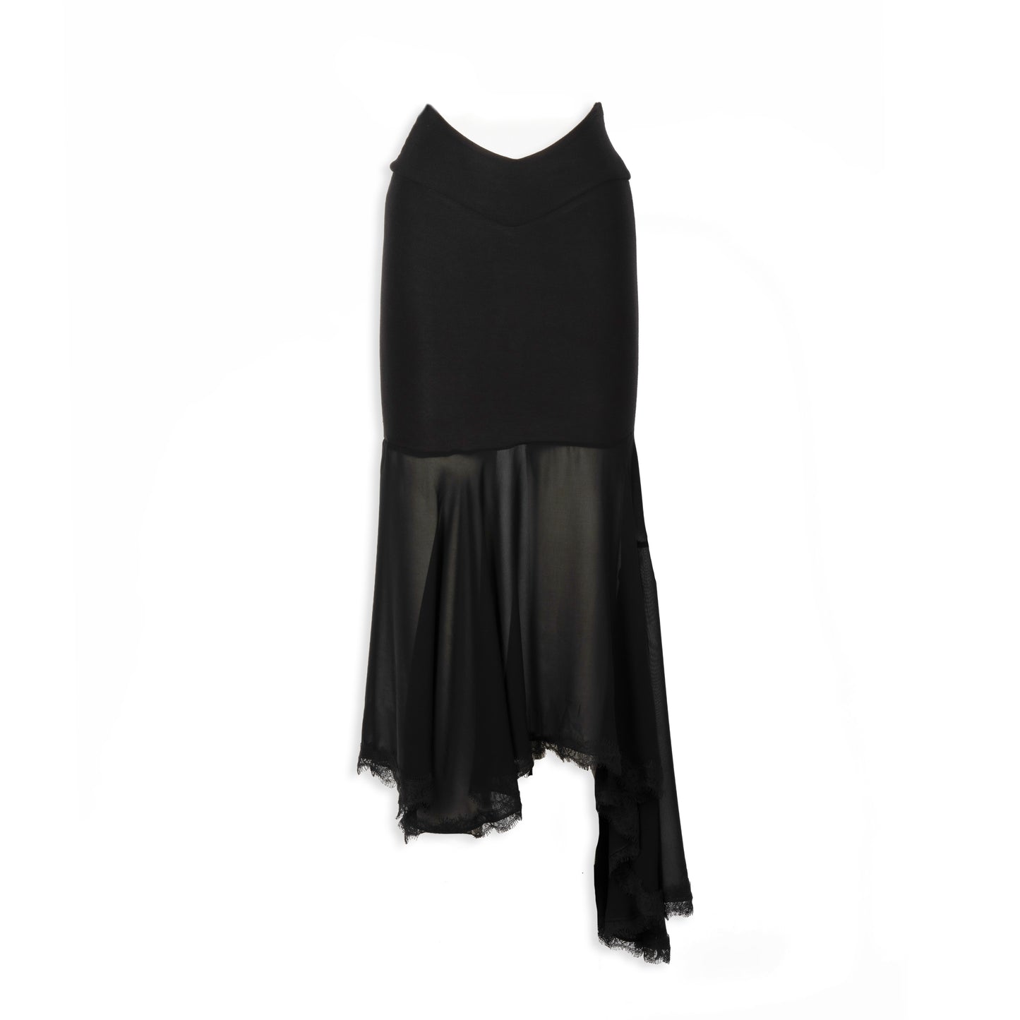 Black Modal V Band Skirt with Sheer Asymmetric Lace Hem