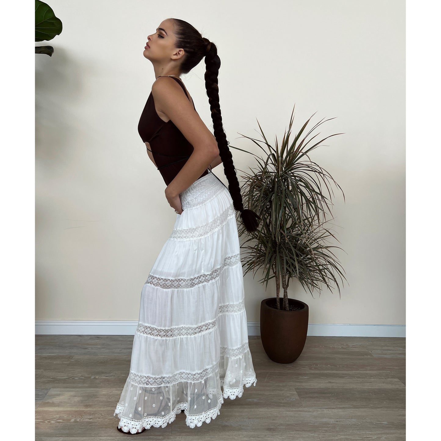 White Cotton and Lace  Maxi Skirt