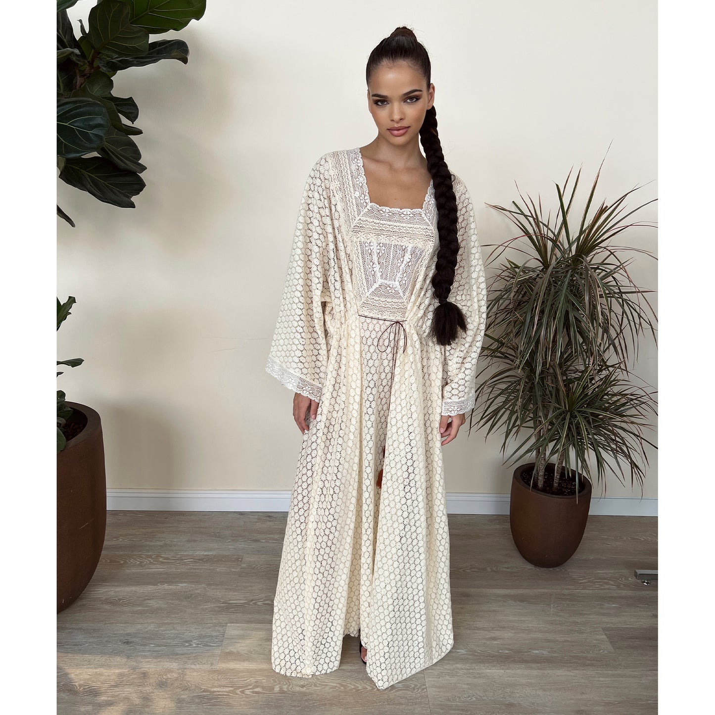 Buttercream Crochet Square Neck Lace Kaftan