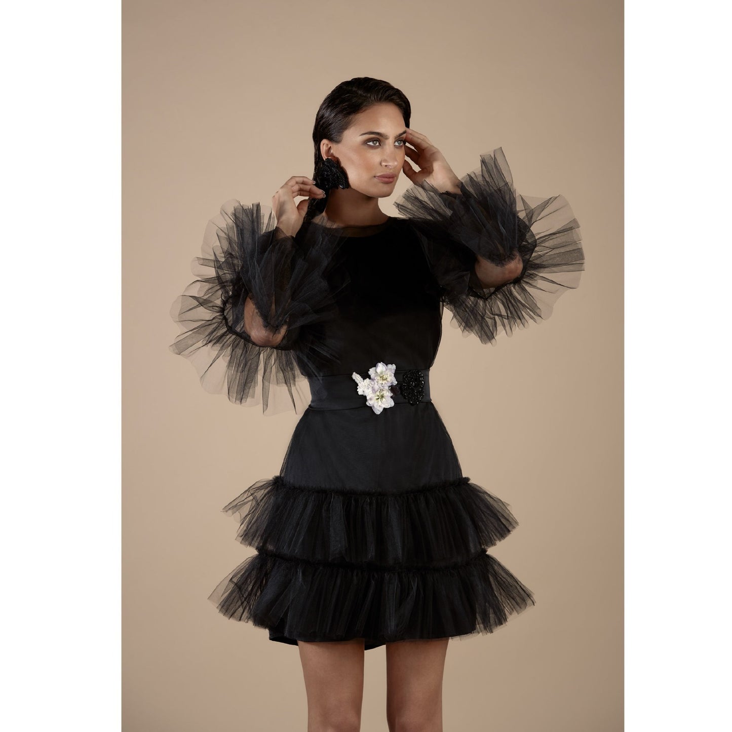 Black Tulle Ruffled Mini Dress