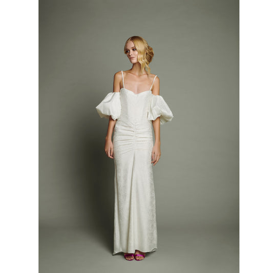 White Jacquard Balloon Sleeve Maxi Dress