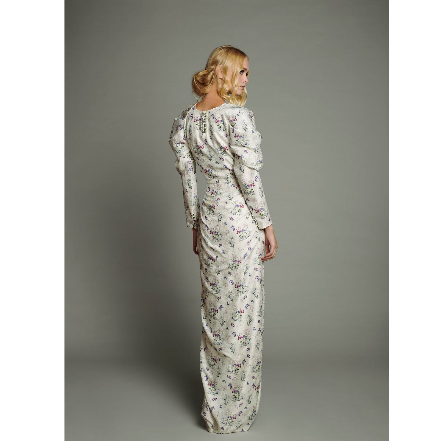 White Jacquard Front Draped and Long Bubble Sleeve Printed Dress