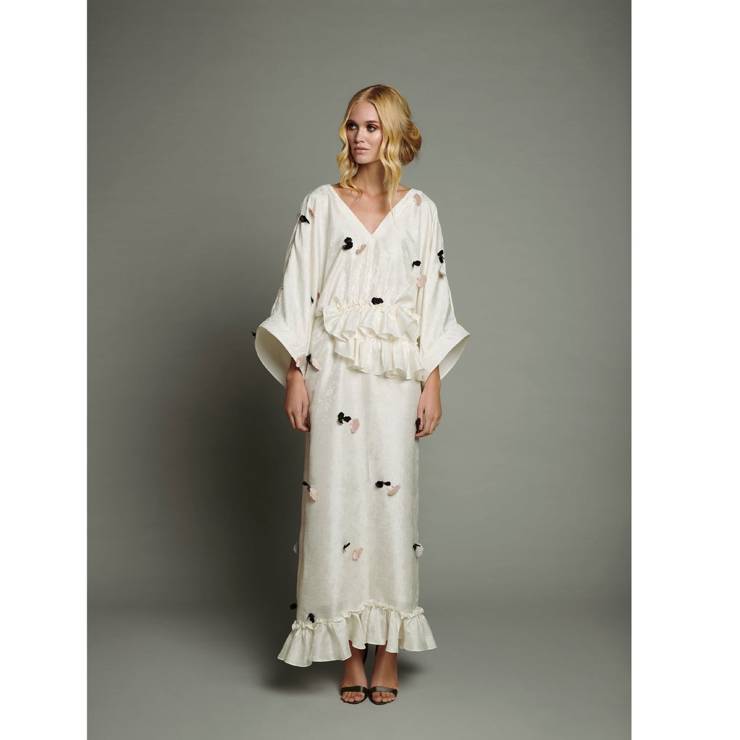 White Jacquard Maxi Dress with Horse Hair Ribbon Sleeve Trim and Bordeaux and Nude 3D Petal Appliqué