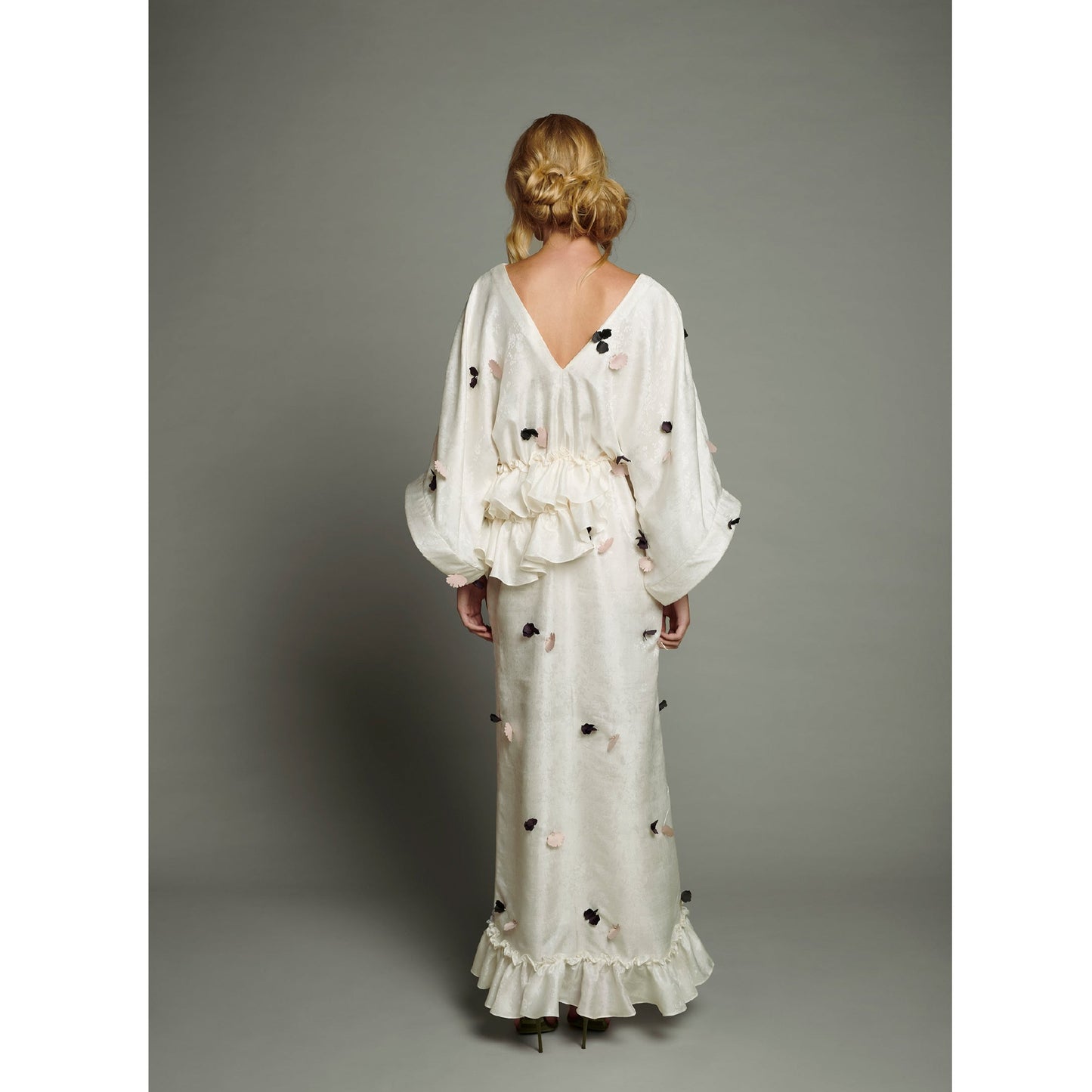 White Jacquard Maxi Dress with Horse Hair Ribbon Sleeve Trim and Bordeaux and Nude 3D Petal Appliqué