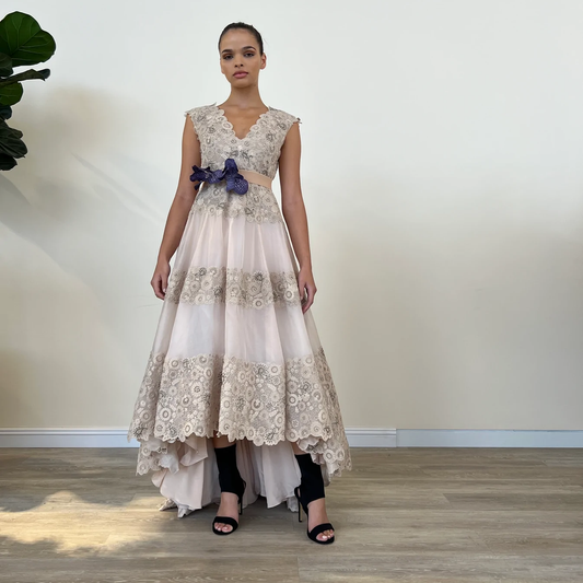 Nude Embroidered  Organza Gown Floral Belt