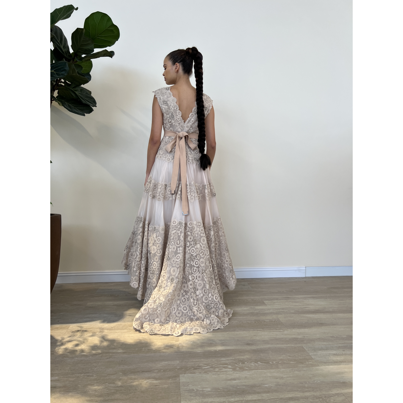 Nude Embroidered  Organza Gown Floral Belt