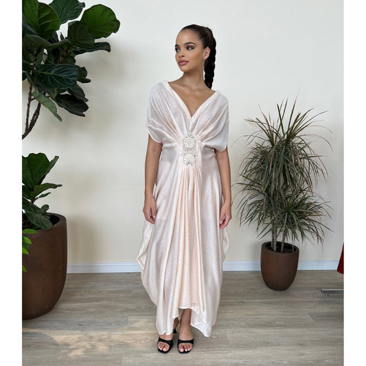 Nude Pure Silk Draped Hand Embroidered Kaftan