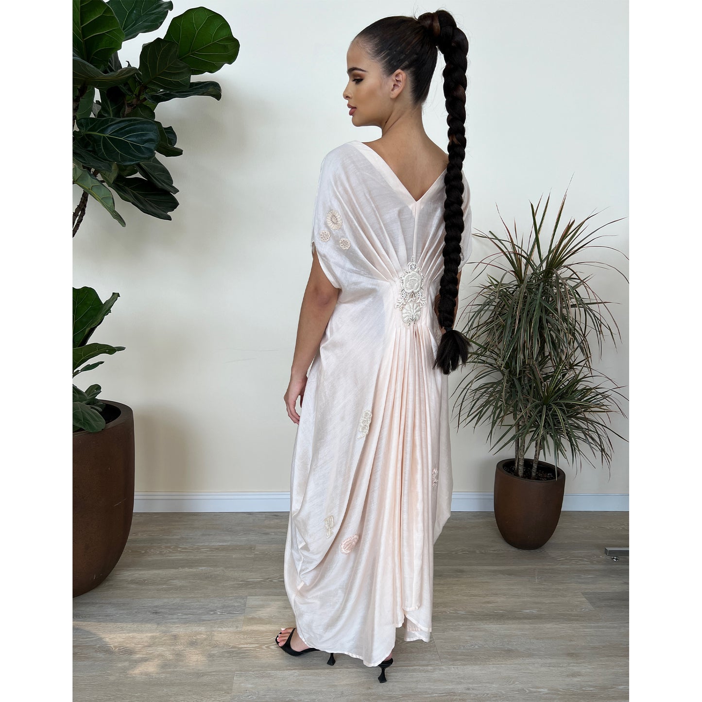 Nude Pure Silk Draped Hand Embroidered Kaftan