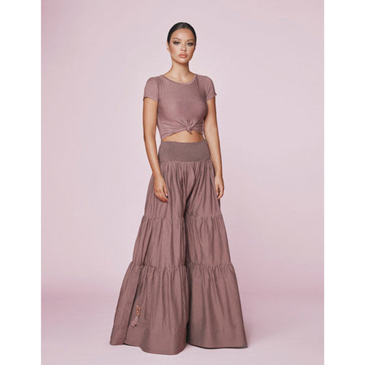 Pale Cocoa Cotton Tiered Wide Leg Pants