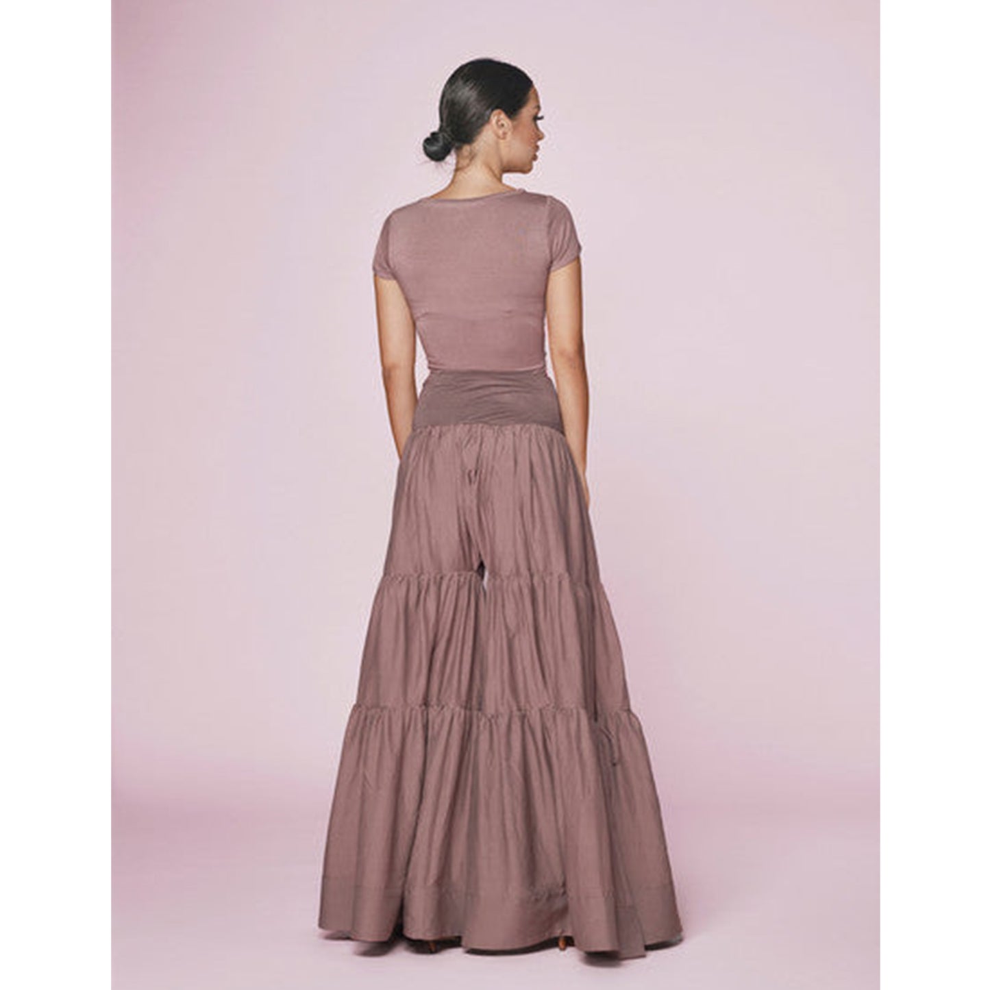 Pale Cocoa Cotton Tiered Wide Leg Pants