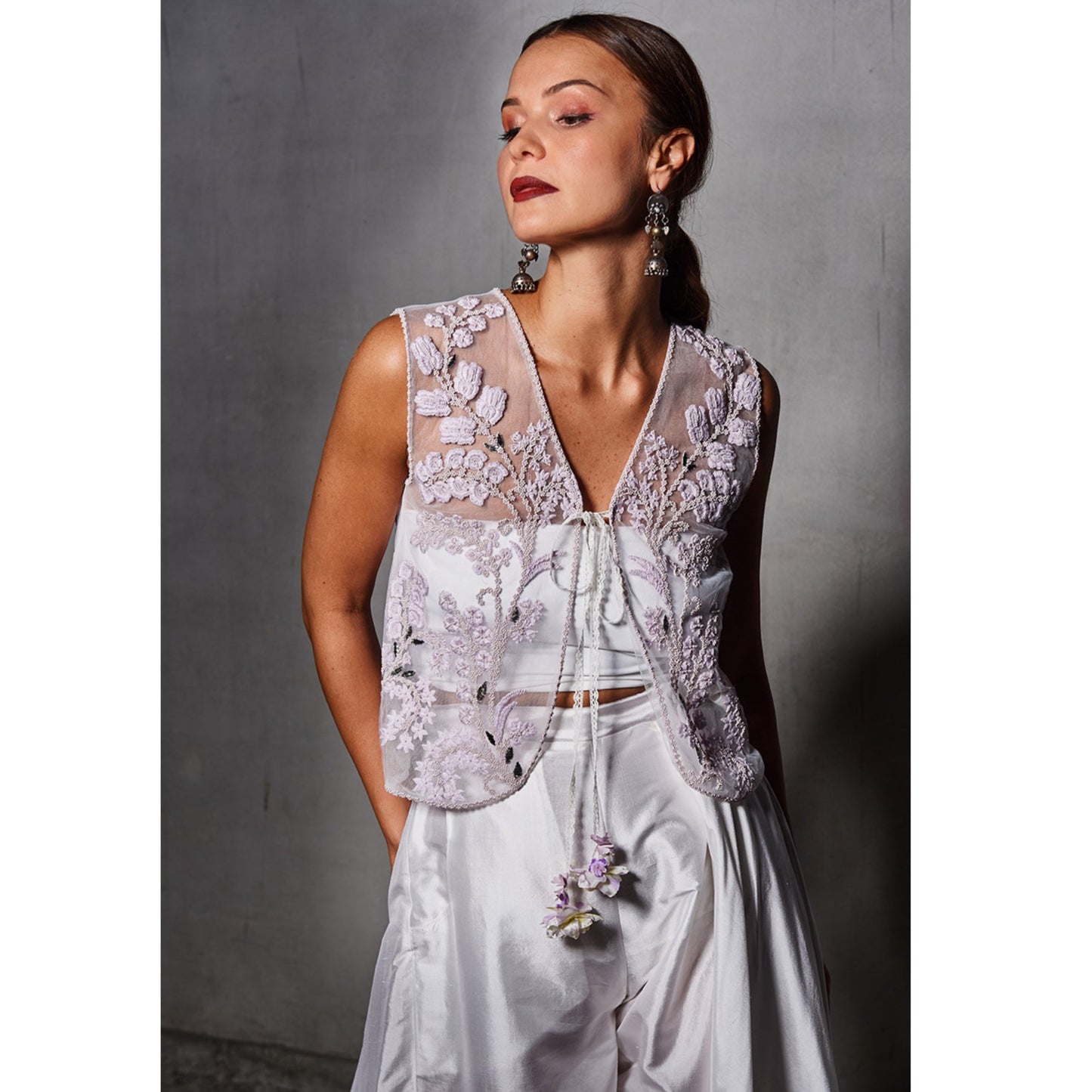 Lilac Tulle Embroidered Waistcoat with White Silk Wide Leg Pant