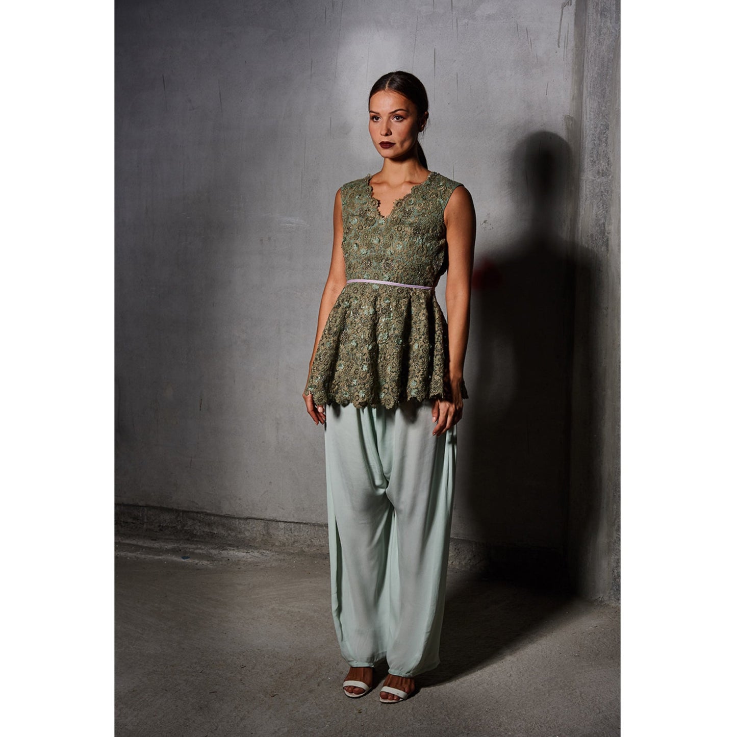 Green Floral Embroidered Peplum with Mint Green Silk Trouser