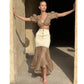 Sand Beige Pure Linen Godet Skirt Sculpting Waistband