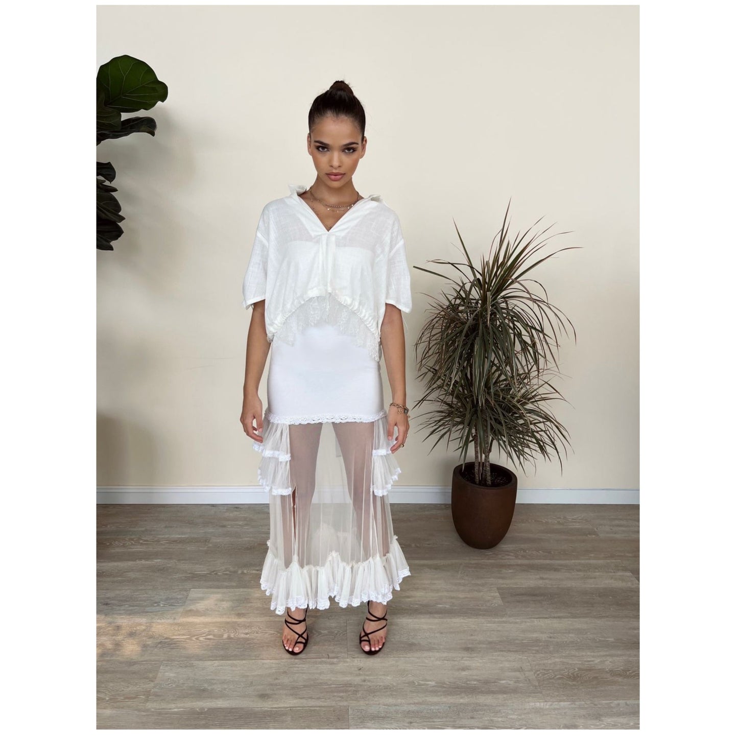 White Linen Shirt with Lace Detail