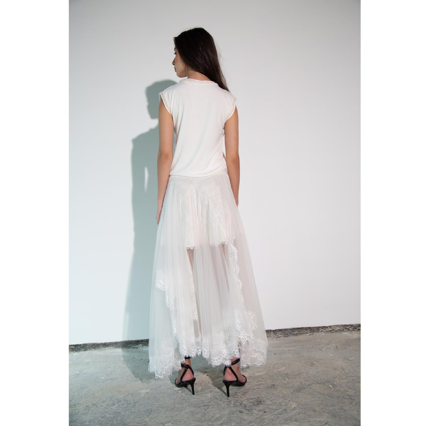 White Linen Skirt with Tulle and Lace