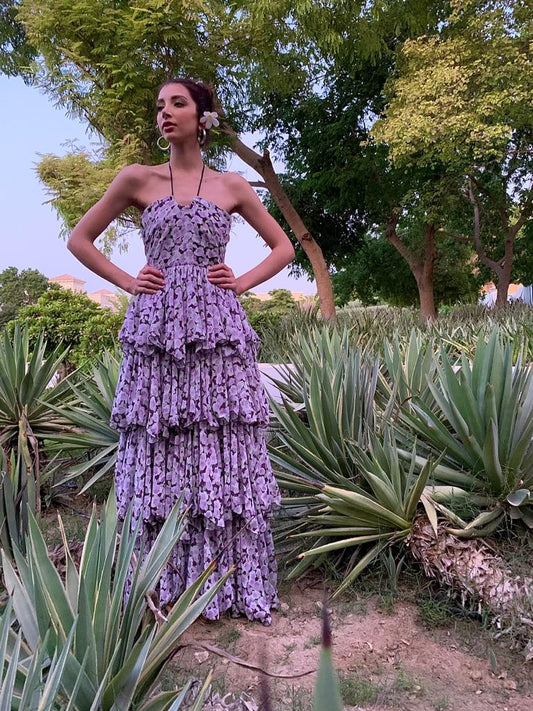 Lilac Printed Chiffon Tiered Dress