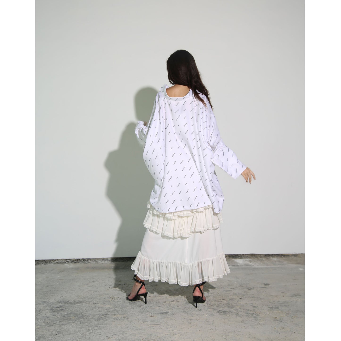 White Modal Jersey Skirt with Lace Ruffle Hem